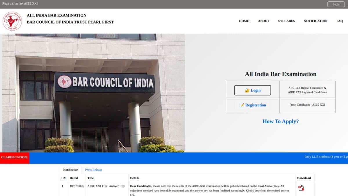 AIBE 21 Result 2026 LIVE: BCI AIBE XXI result link out at allindiabarexamination.com; 65.92% qualify for CoP