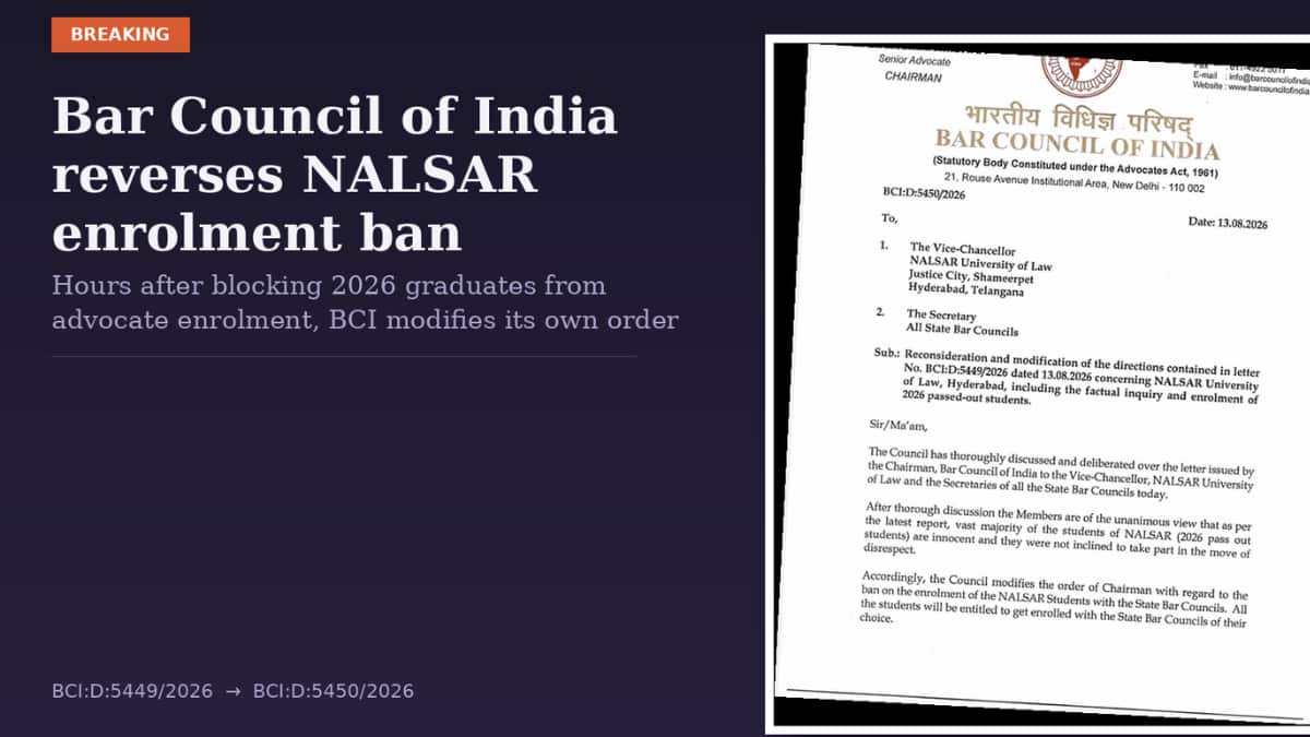 BCI U-Turns Within Hours, Scraps Ban on NALSAR Graduates' Bar Enrolment