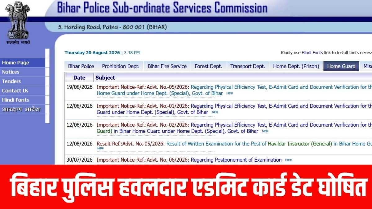 इस भर्ती के तहत 122 पदों के लिए पीईटी अक्टूबर 2026 के दूसरे सप्ताह में पटना में आयोजित किया जाएगा। (आधिकारिक वेबसाइट)