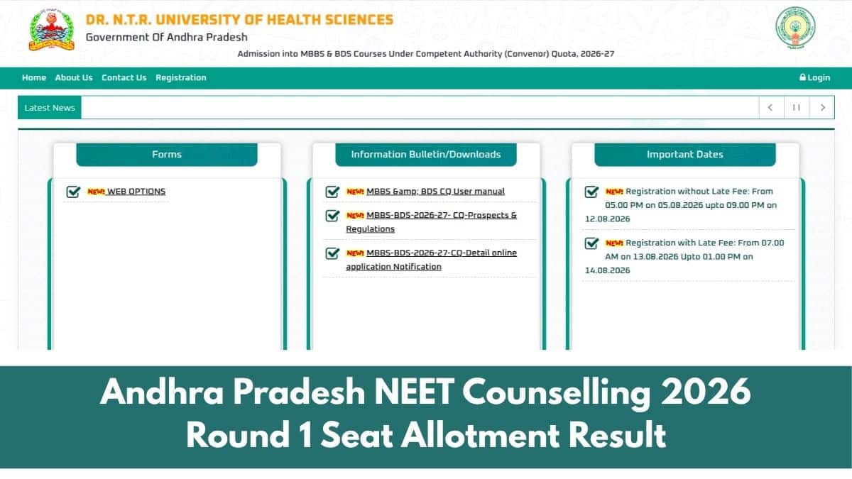 Andhra Pradesh NEET Counselling 2026 Round 1 Seat Allotment Result OUT: Direct Link at drntr.uhsap.in - Careers360