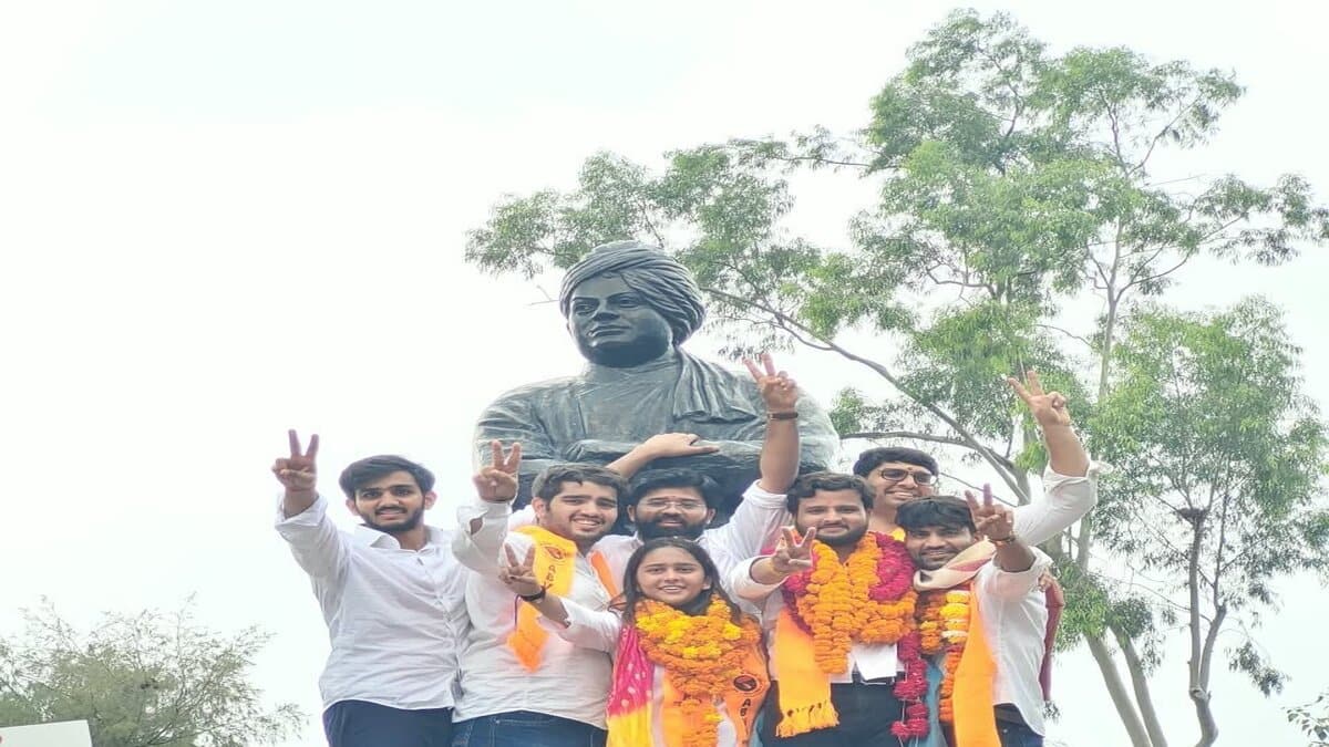 DUSU 2026 Election Results: Riya Chhawdi (W) has secured the Secretary post with 21,650 votes, defeating NSUI's Namrata Chaudhary with 14,869 votes. (Image source: ABVP's official X account)