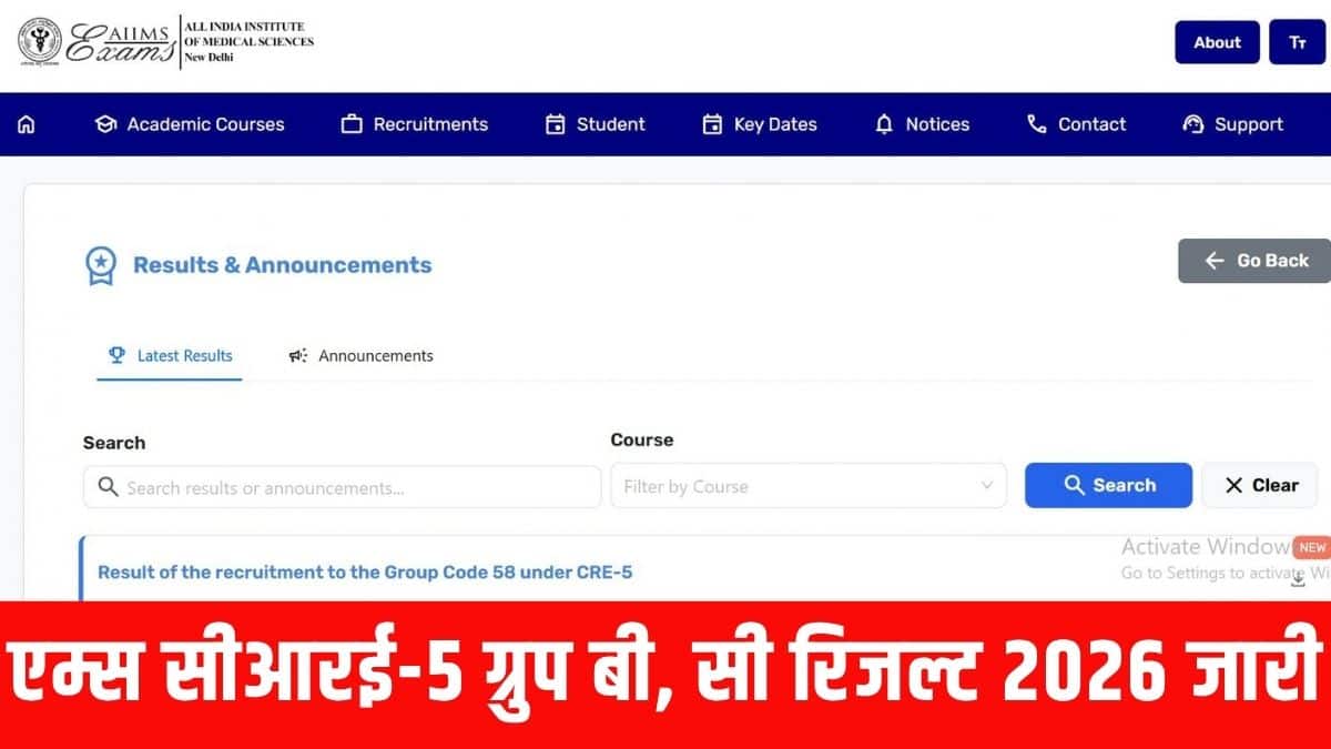 एम्स सीआरई -5 रिजल्ट ग्रुप कोड 20, 28, 32, 33, 48 और 58 के लिए जारी किया गया है। (आधिकारिक वेबसाइट)