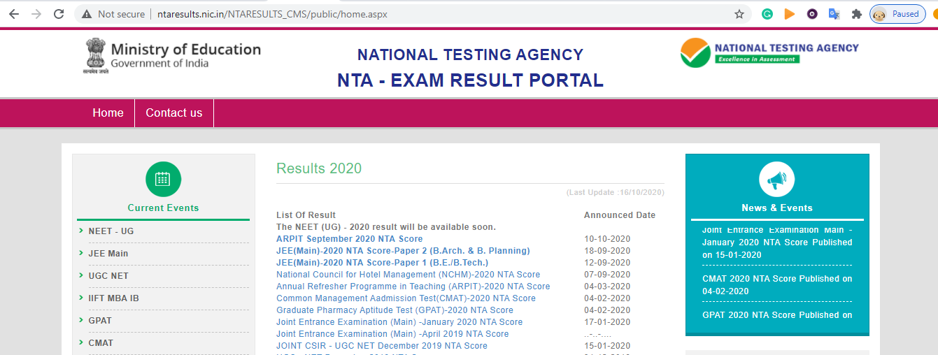 NTA-Results-site