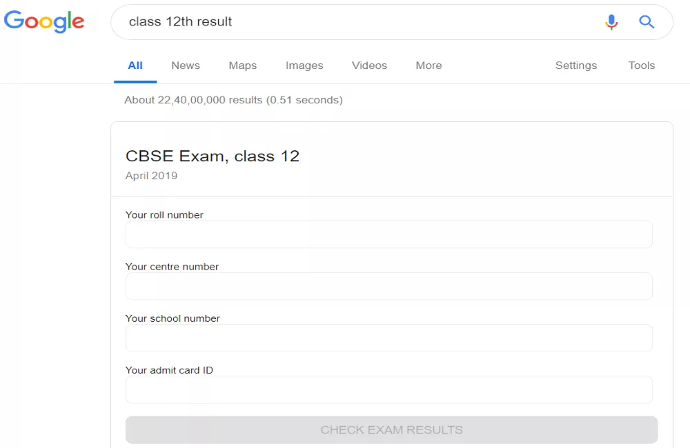 Sample image of Google's class 12 CBSE result window