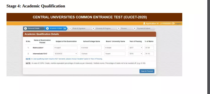 CUCET Application Form Academic Details