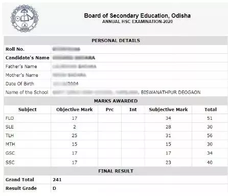 Odisha Class 10 Sample Marksheet