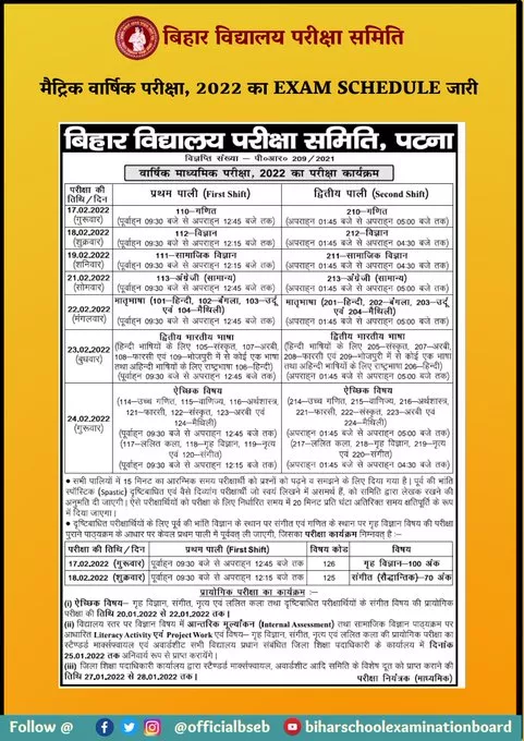 Bihar Board 10th Official Exam Schedule 2022
