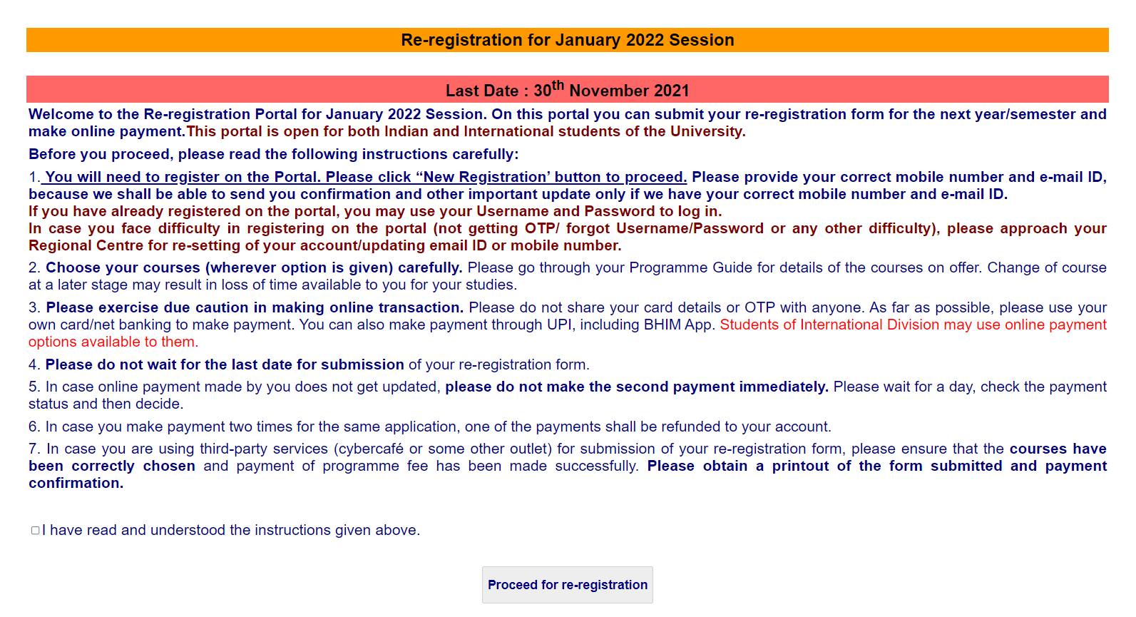 IGNOU Reregistration 2023, Form, July (Out) Apply Online, Status, Fee