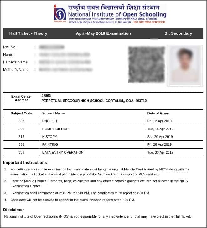 NIOS Admit Card 2021 June Exam - Download NIOS Hall Ticket 2021