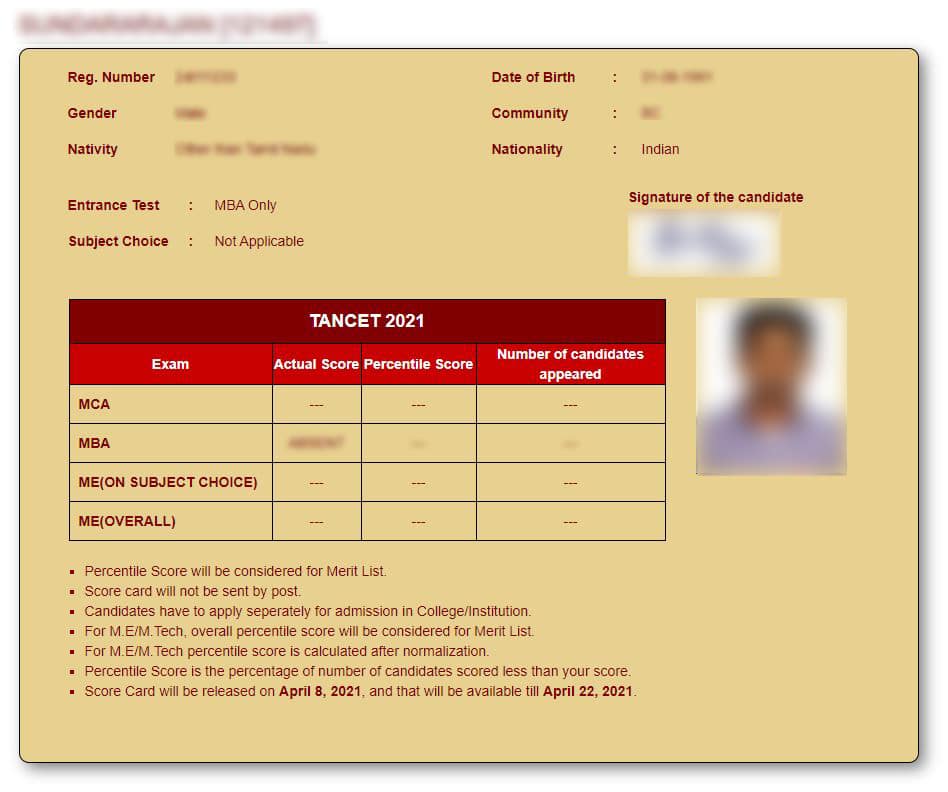 TANCET MBA Result 2023, Score card, Percentile, Official Link