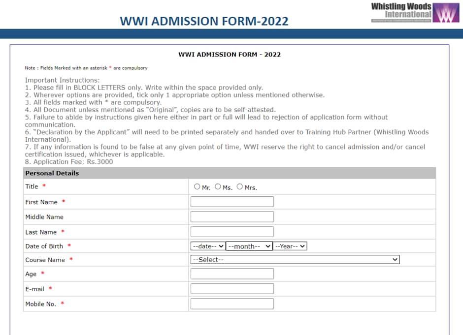 Whistling Woods International Admissions 2023 Application Form, Dates
