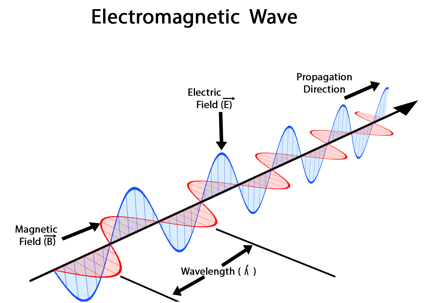 The blue wave represents the electric field E and the red wave represents the magnetic field and the direction of propagation is perpendicular to E and B.