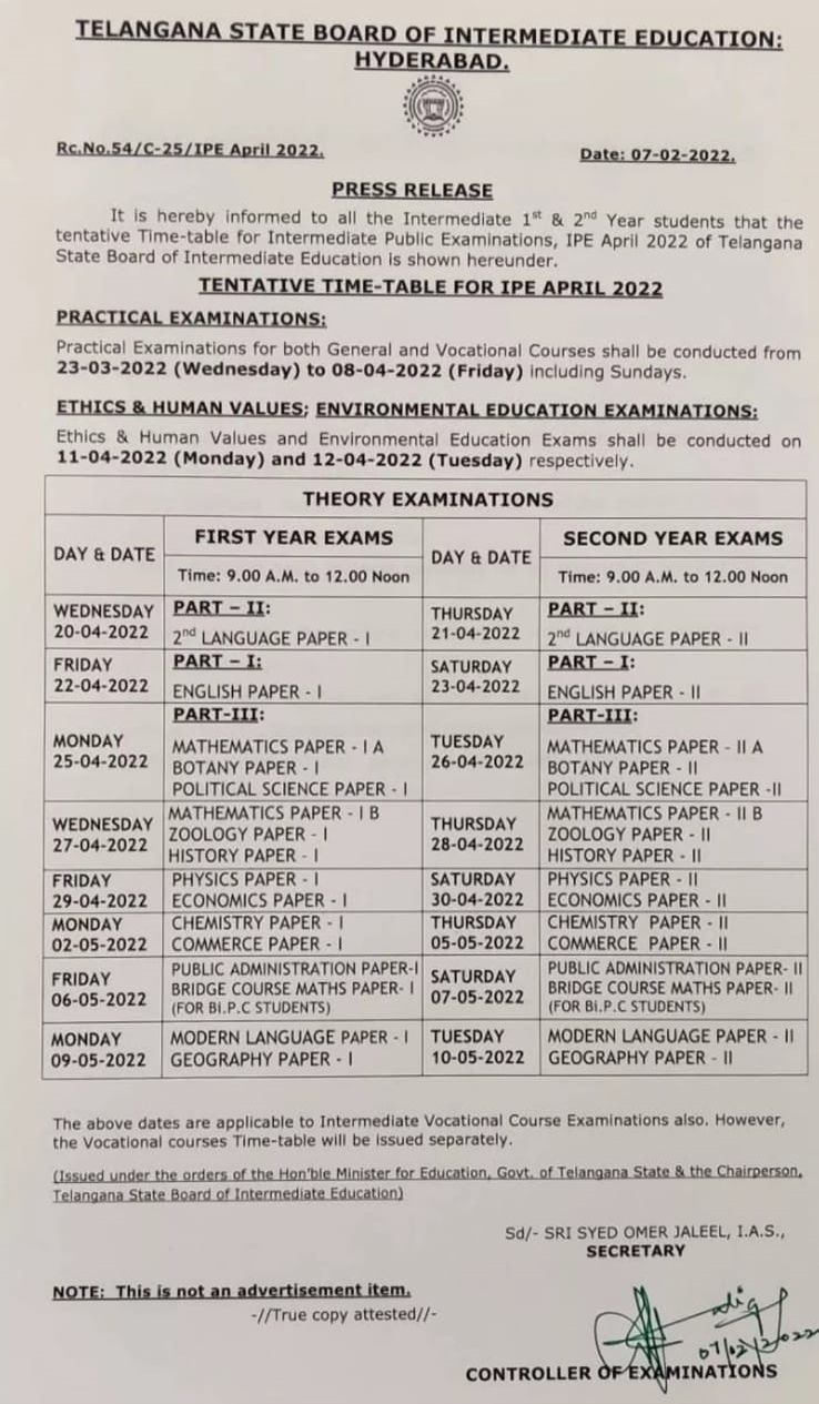 Ts Inter Exams Dates 2023 Update Ts Intermediate Exams Dates 2022 23 Ts