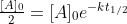 \begin{array}{l}\frac{[A]_0}{2} = [A]_0 e^{-kt_{1/2}}\end{array}