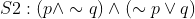 S2:\left ( p\wedge \sim q \right )\wedge \left ( \sim p\vee q \right )
