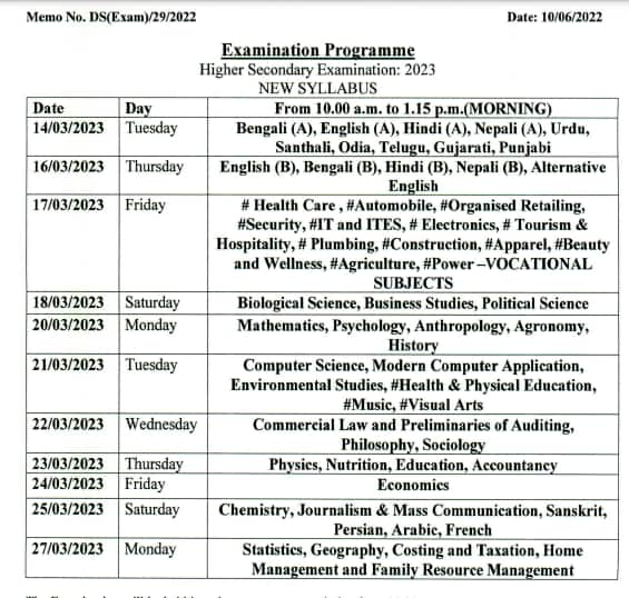 West Bengal HS Routine 2023 (Released)- WBCHSE 12th Exam Date