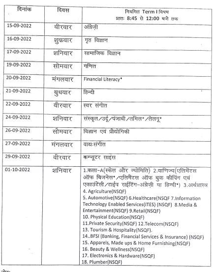 Image of HPBOSE 10th Date Sheet 2022-23 (Term 1)