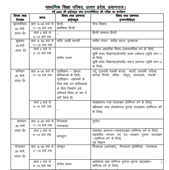 Up Board 10th Time Table 2023 Check Up Board Class 10 Time Table 2022