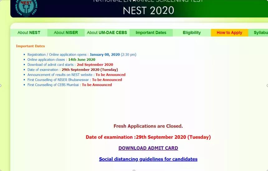 NEST Admit Card 2023: Download Hall Ticket @nestexam.in