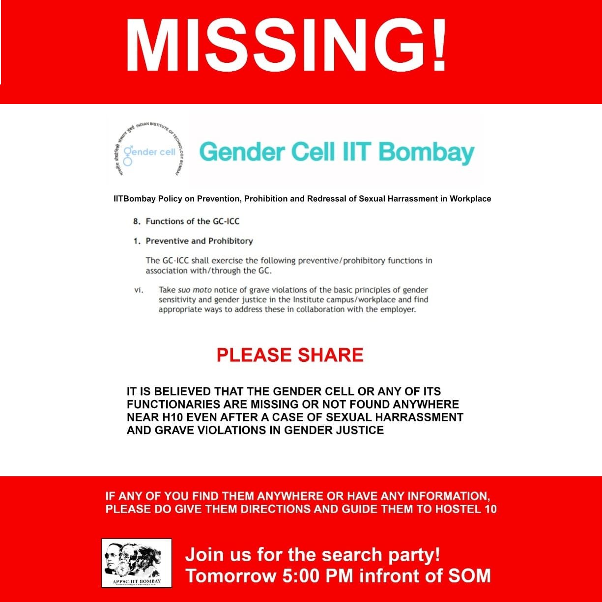 iit-bombay-students-appsc-missing-poster-gender-celliit bombay cutoff,iit delhi,iit bombay vlab,iit bombay average package, iit bombay gender cell, iit bombay hostel, sexual harassment