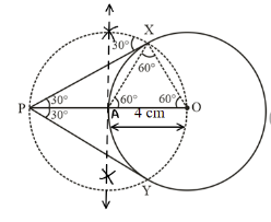 Draw a circle of radius 4 cm. Construct a pair of tangents to it, the angle