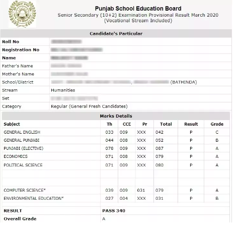 PSEB 12th result Punjab Board Senior Secondary (10+2) Examination