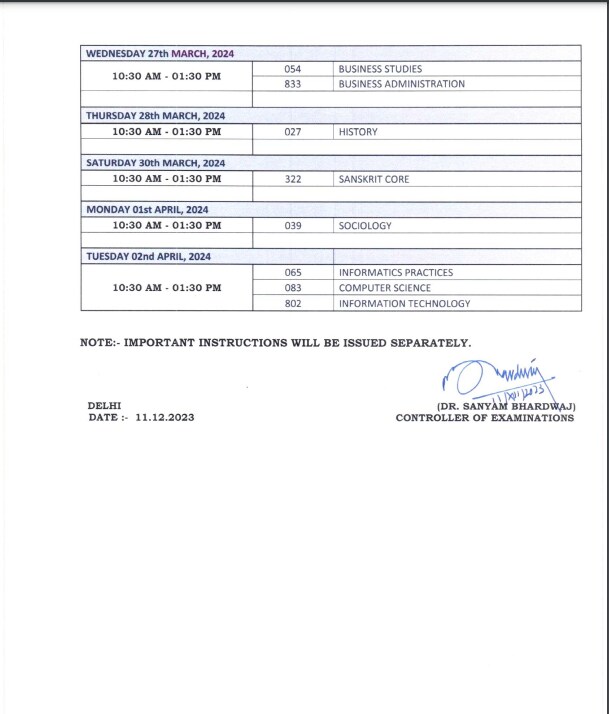 CBSE 12th Date Sheet 2024 Released Download CBSE Class 12 Exam Time