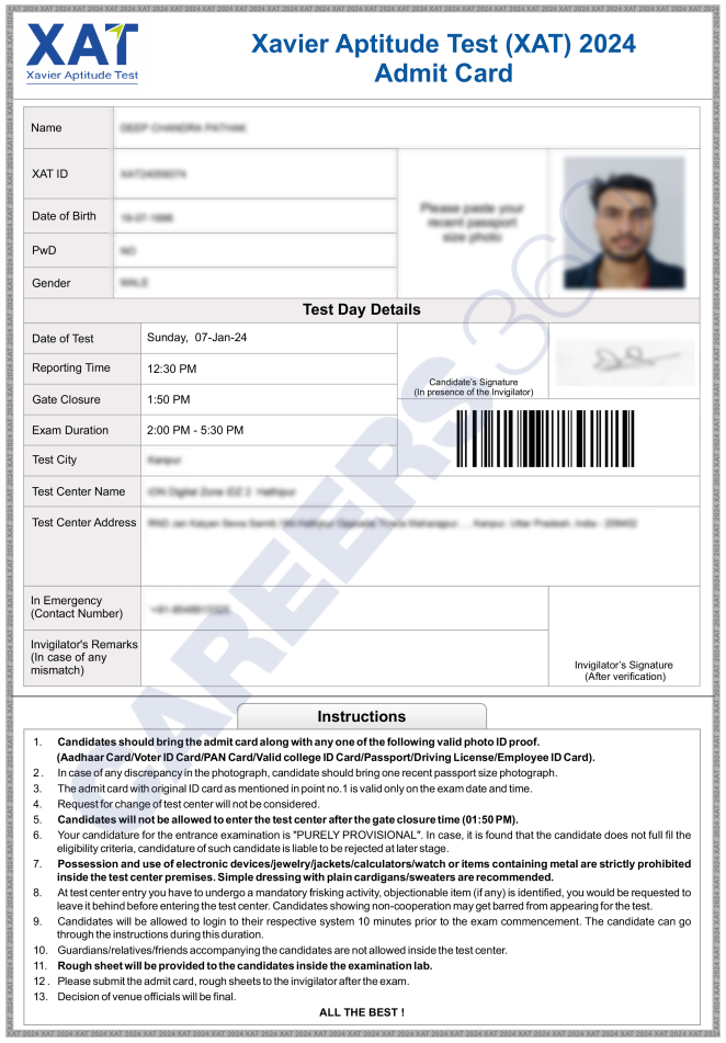 XAT admit card and instructions