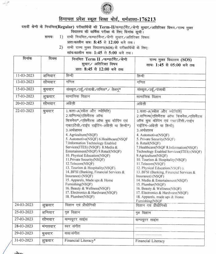 Hp Board 10th Date Sheet 2023 Term 2 Released Check Hpbose Class