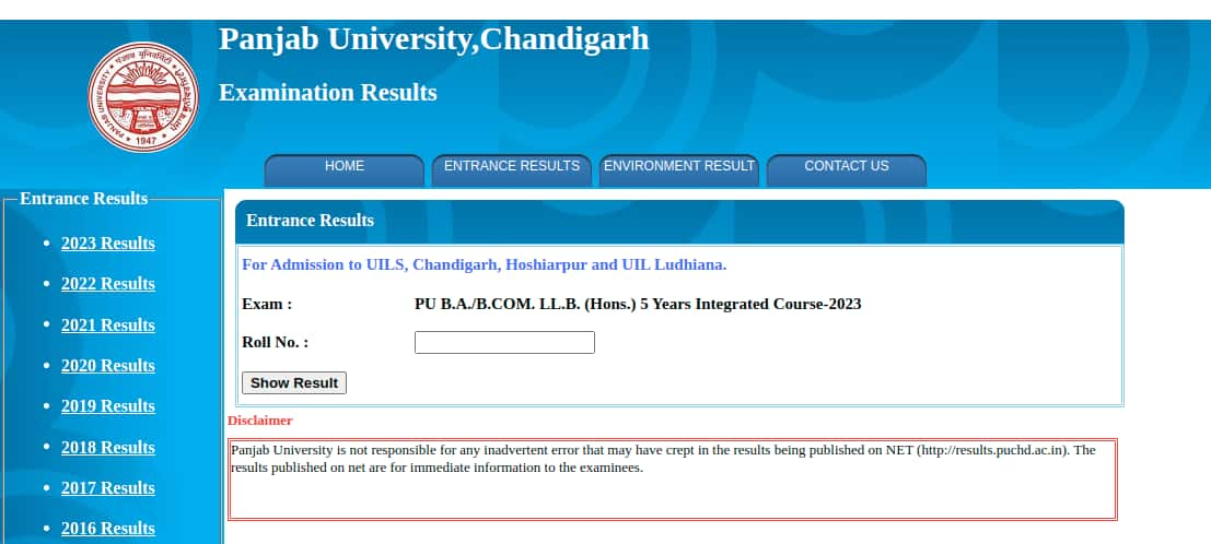 PU BA LLB Result 2023 Result Window