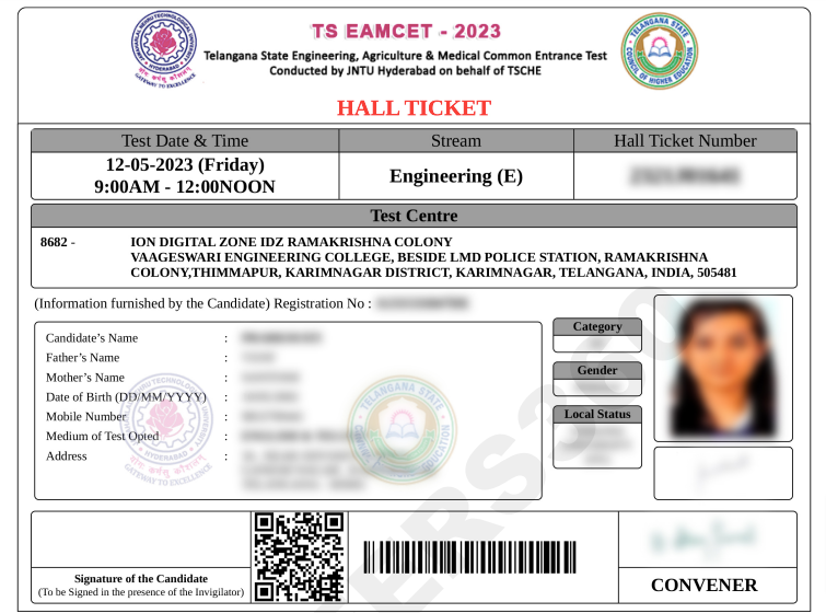 TS EAMCET hall ticket sample