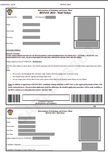 BITSAT Admit Card Sample Image 