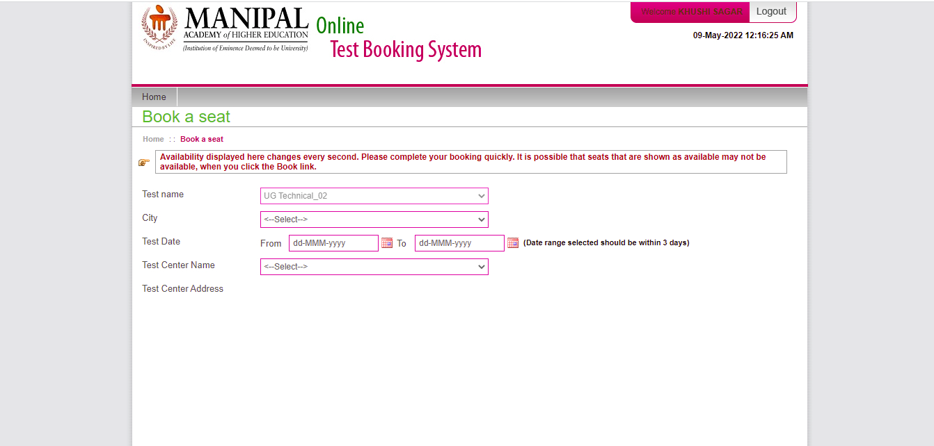 test booking system