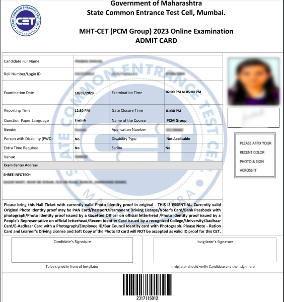 MHT CET admit card 2024 will look like this. 