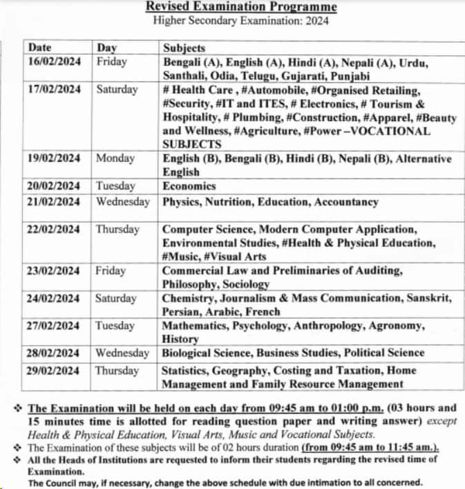 West Bengal HS Routine 2024 OUT, Download PDF @ wbchse.wb.gov.in