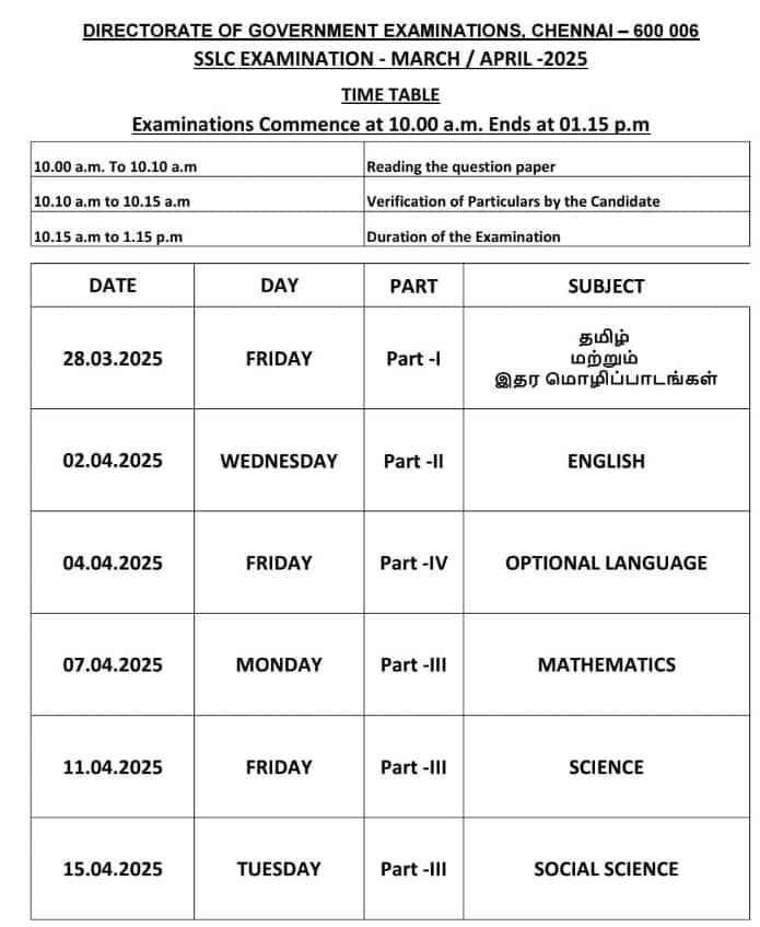 Tamil Nadu SSLC 2025 Time Table 