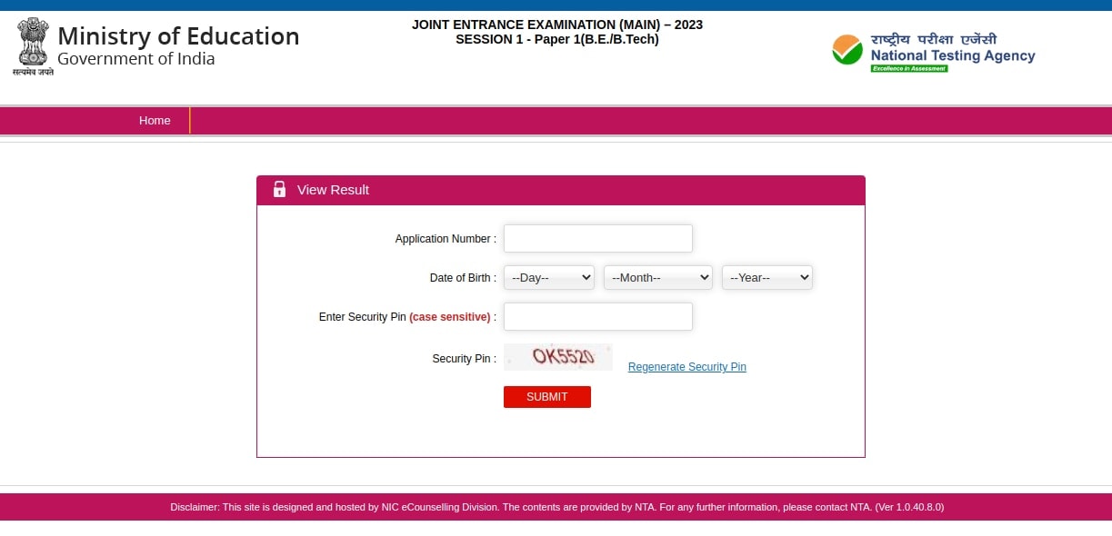 JEE Main result window