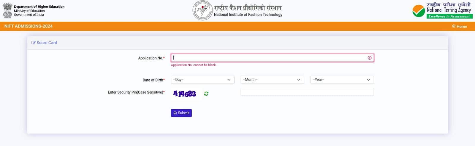 NIFT 2024 Scorecard Login Window