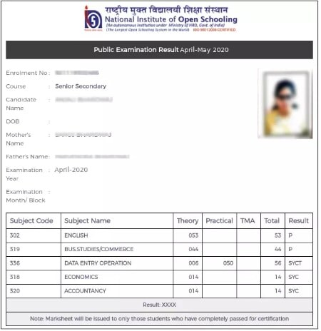 NIOS result marksheet