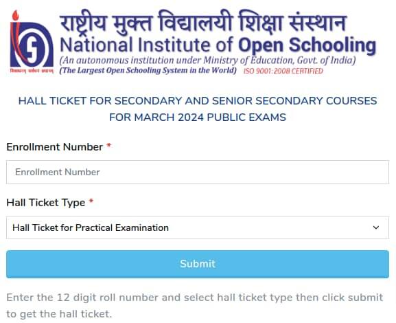 NIOS Hall ticket 2024 Login Window