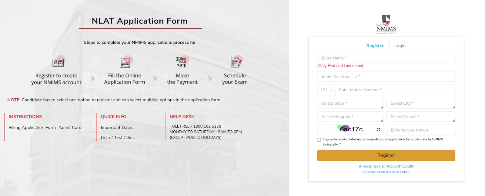 NMIMS LAT 2025 application form login window