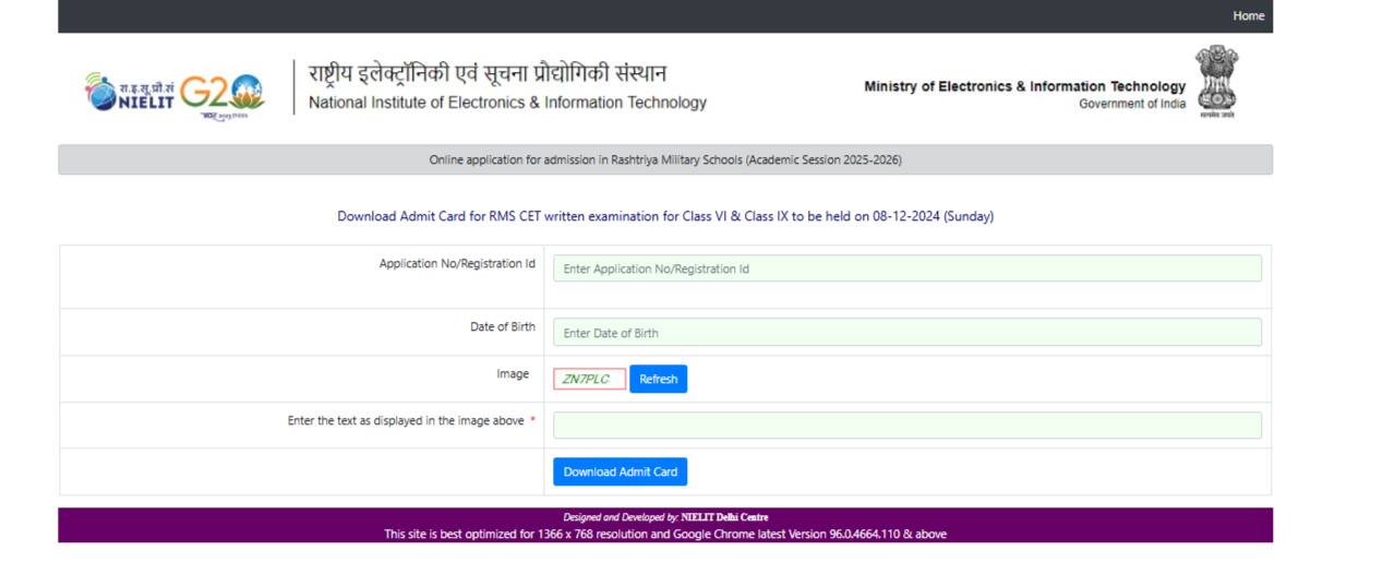 Rashtriya Military School Admit Card 2024-25 Login Window