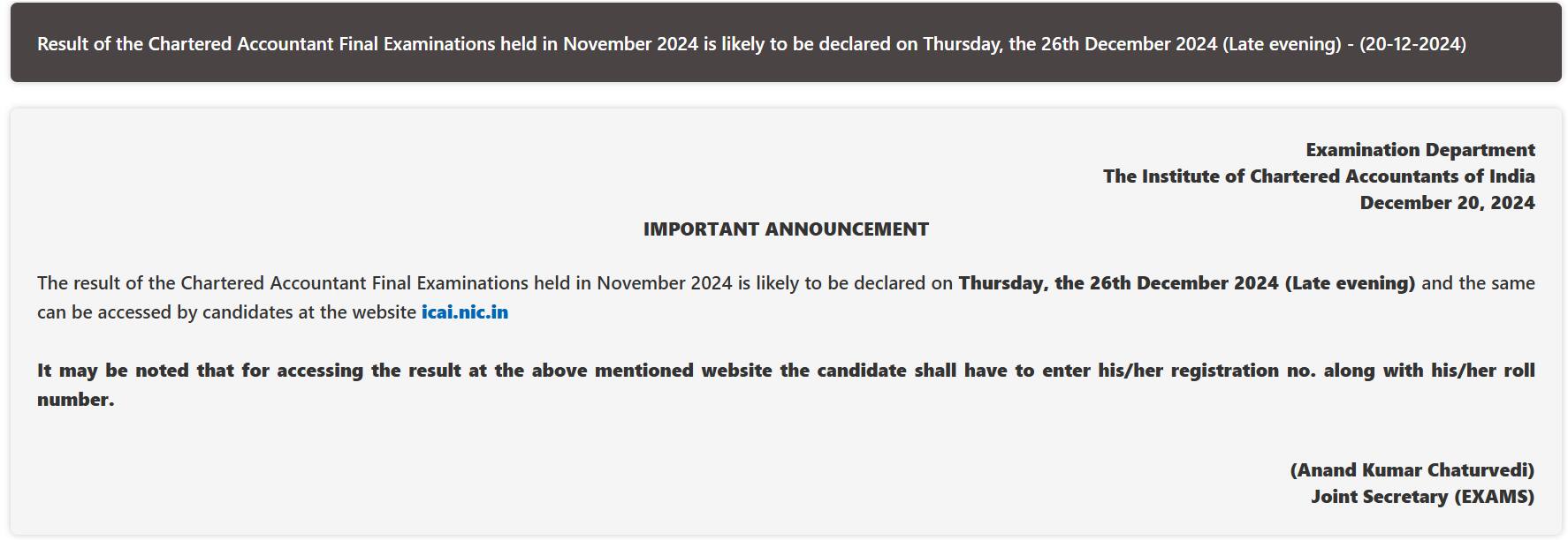 ICAI announcement on CA Final results 2024. 