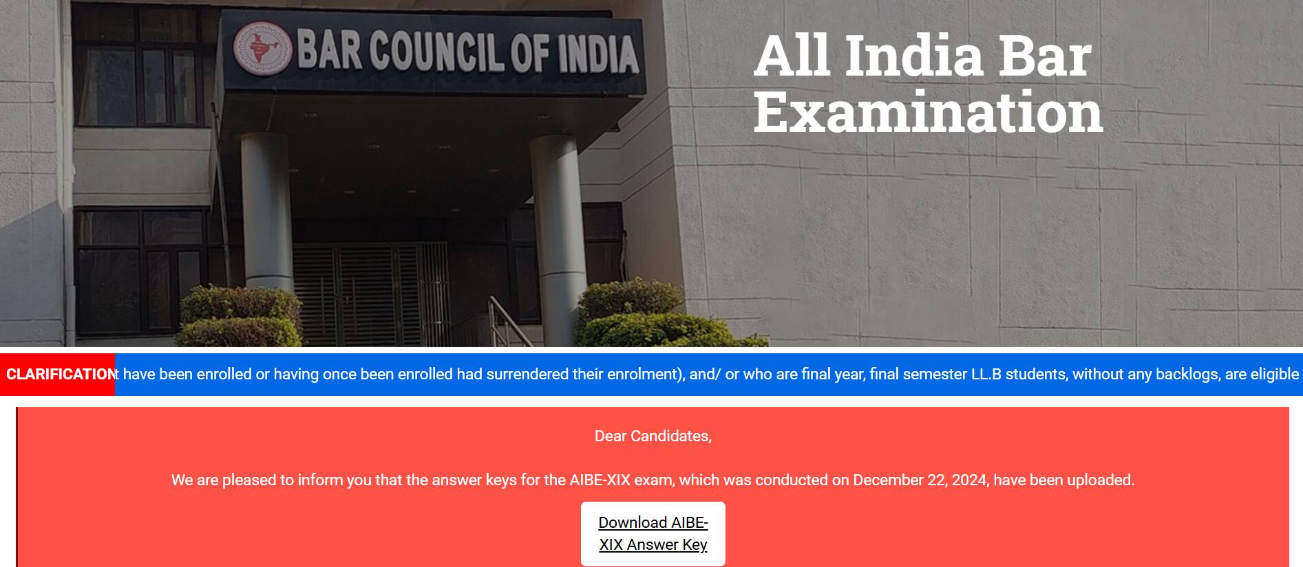 AIBE 19 answer key 2024 on AIBE official website, allindibarexamination.com 