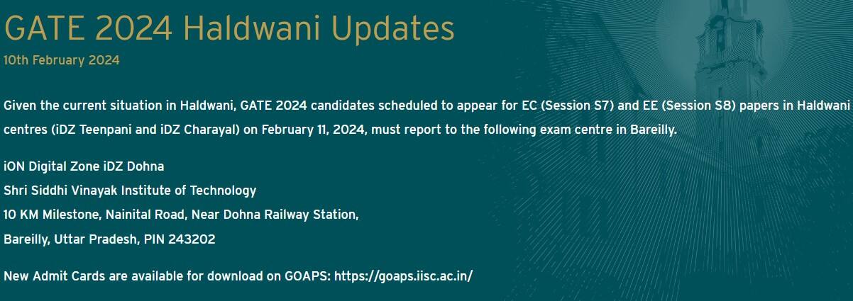 GATE 2024 February 11, GATE 2024, GATE 2024 Haldwani exam centre