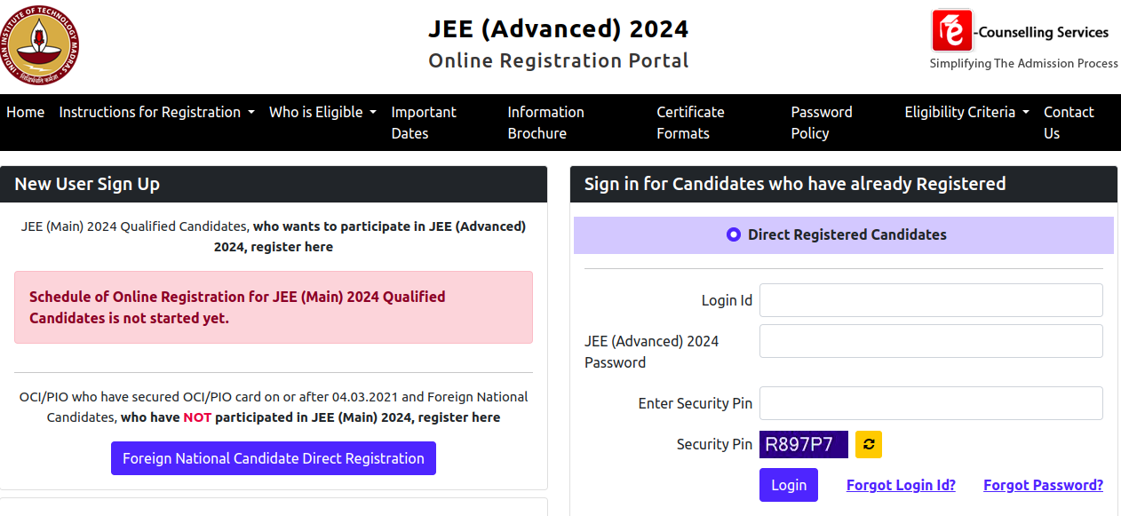 JEE Advanced 2024 registration link