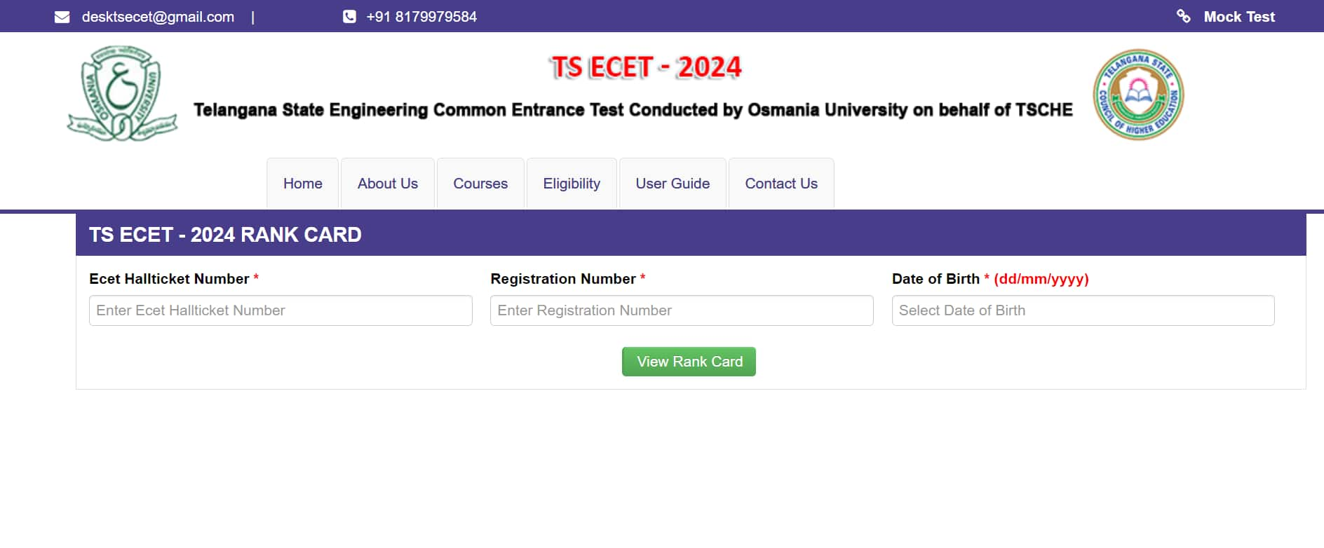 TS ECET rank card login window