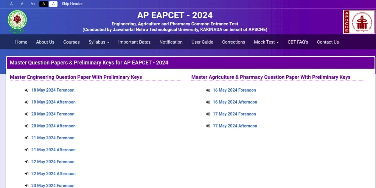 AP EAMCET Answer Key Download Window