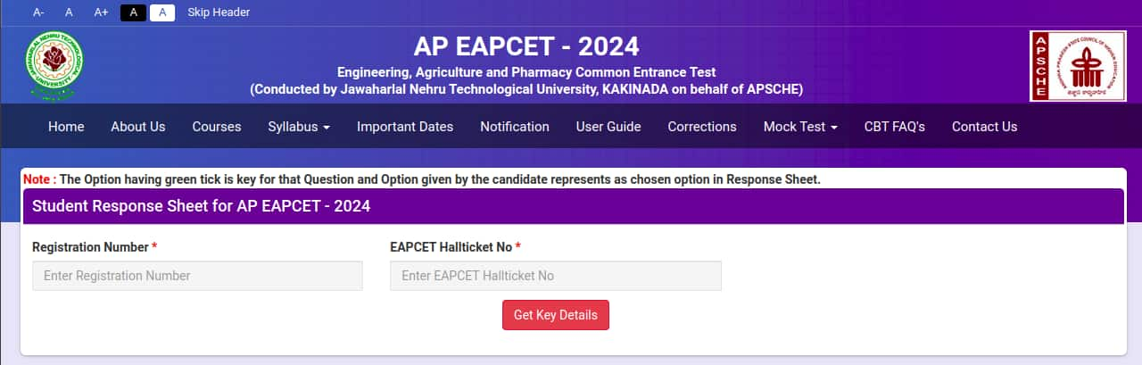 AP EAMCET Response Sheet Download Window