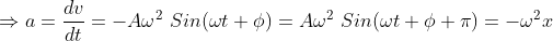\Rightarrow a=\frac{dv}{dt}=-A\omega^2\ Sin(\omega t+\phi )=A\omega^2\ Sin(\omega t+\phi +\pi)=-\omega^2x